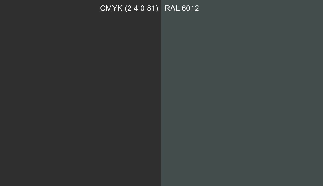 CMYK Color CMYK (2 4 0 81) vs RAL 6012 side by side comparison CMYK Color CMYK (2 4 0 81) vs RAL 6012 side by side comparison