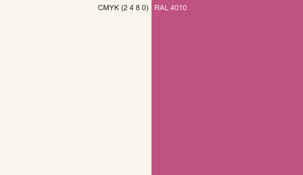 CMYK Color CMYK (2 4 8 0) vs RAL 4010 side by side comparison CMYK Color CMYK (2 4 8 0) vs RAL 4010 side by side comparison