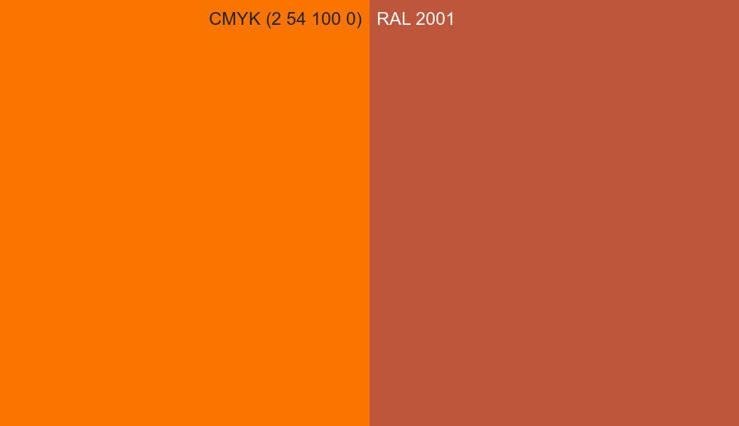 CMYK Color CMYK (2 54 100 0) vs RAL 2001 side by side comparison CMYK Color CMYK (2 54 100 0) vs RAL 2001 side by side comparison