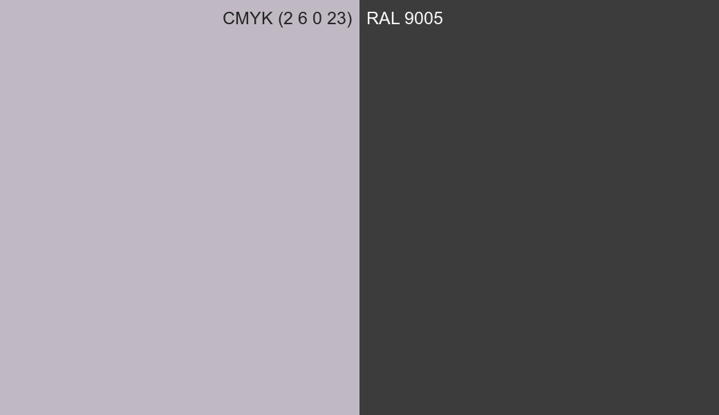 CMYK Color CMYK (2 6 0 23) vs RAL 9005 side by side comparison CMYK Color CMYK (2 6 0 23) vs RAL 9005 side by side comparison