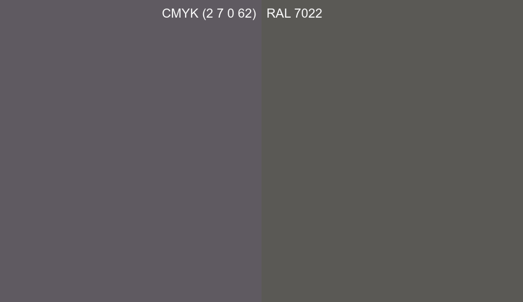 CMYK Color CMYK (2 7 0 62) vs RAL 7022 side by side comparison CMYK Color CMYK (2 7 0 62) vs RAL 7022 side by side comparison
