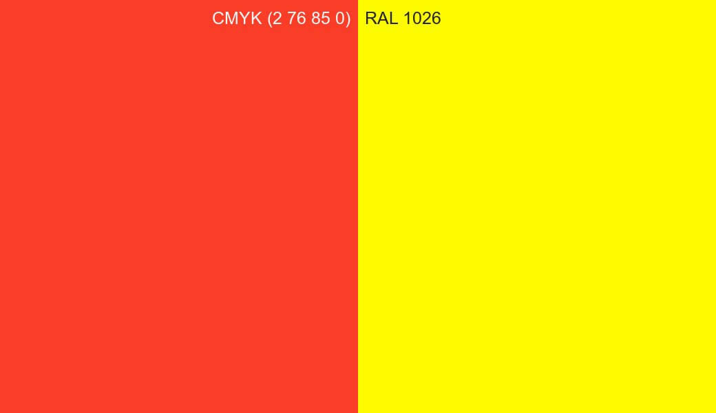 CMYK Color CMYK (2 76 85 0) vs RAL 1026 side by side comparison CMYK Color CMYK (2 76 85 0) vs RAL 1026 side by side comparison
