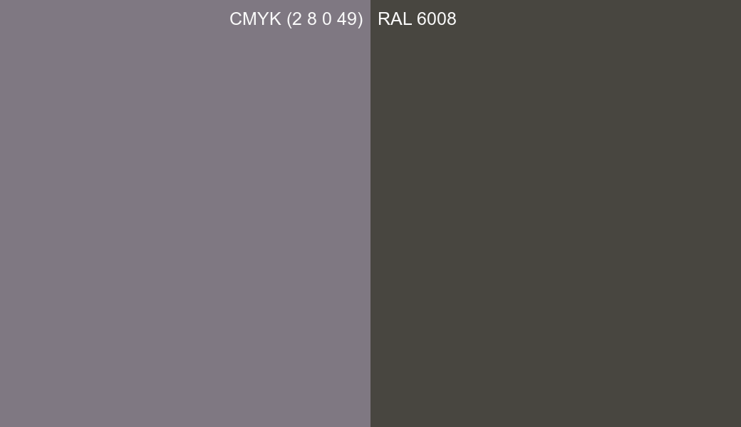 CMYK Color CMYK (2 8 0 49) vs RAL 6008 side by side comparison CMYK Color CMYK (2 8 0 49) vs RAL 6008 side by side comparison
