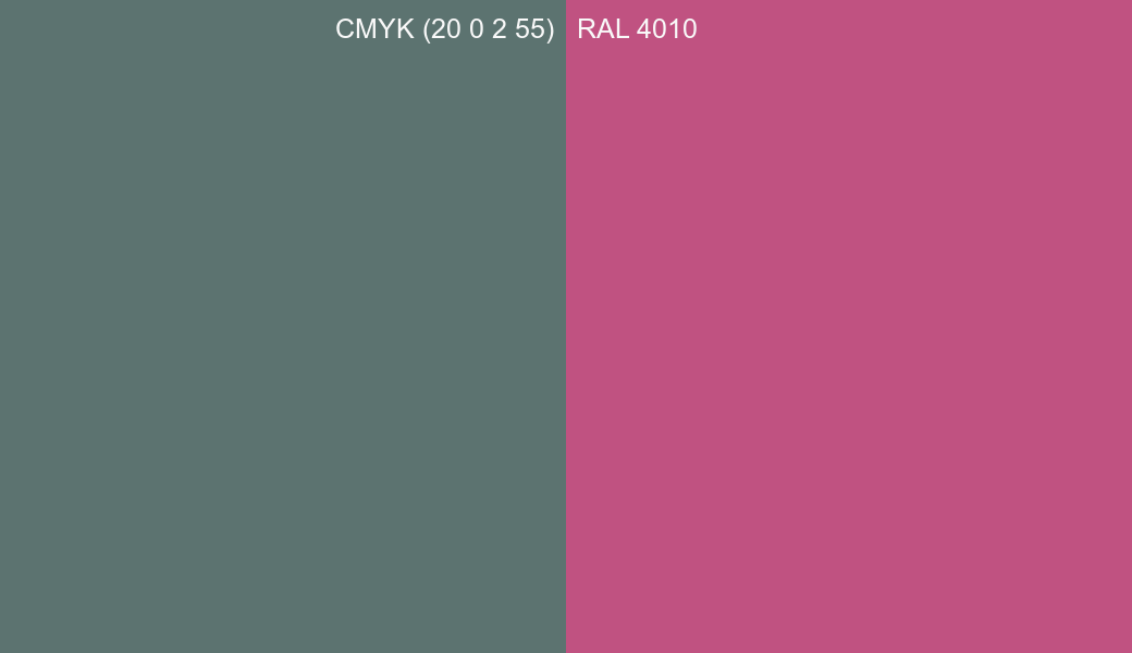 CMYK Color CMYK (20 0 2 55) vs RAL 4010 side by side comparison CMYK Color CMYK (20 0 2 55) vs RAL 4010 side by side comparison