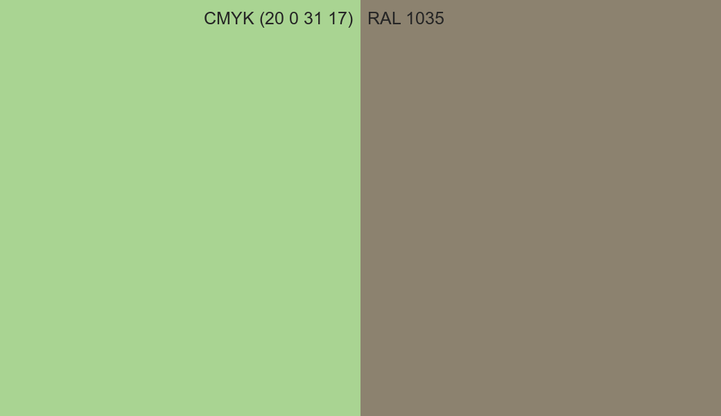 CMYK Color CMYK (20 0 31 17) vs RAL 1035 side by side comparison CMYK Color CMYK (20 0 31 17) vs RAL 1035 side by side comparison