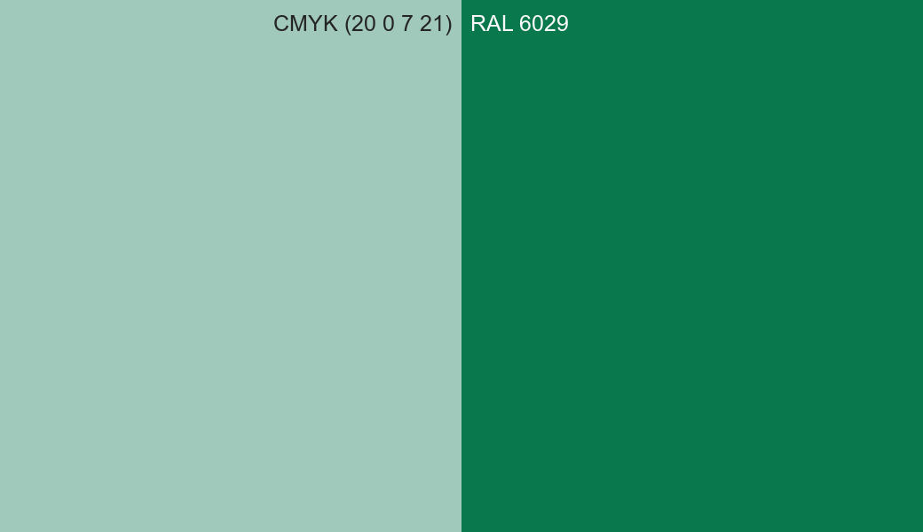 CMYK Color CMYK (20 0 7 21) vs RAL 6029 side by side comparison CMYK Color CMYK (20 0 7 21) vs RAL 6029 side by side comparison