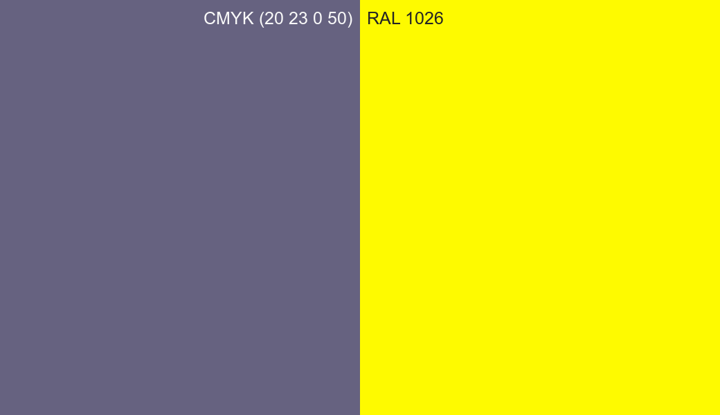 CMYK Color CMYK (20 23 0 50) vs RAL 1026 side by side comparison CMYK Color CMYK (20 23 0 50) vs RAL 1026 side by side comparison