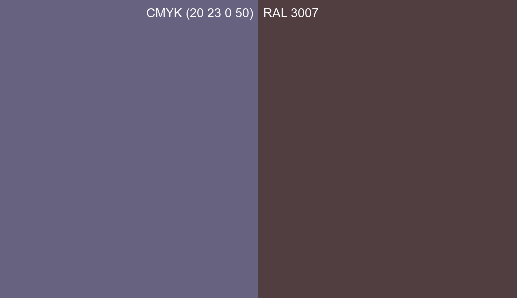 CMYK Color CMYK (20 23 0 50) vs RAL 3007 side by side comparison CMYK Color CMYK (20 23 0 50) vs RAL 3007 side by side comparison