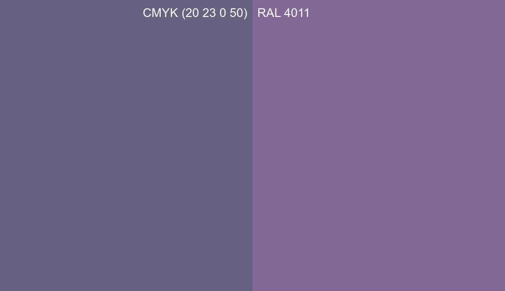 CMYK Color CMYK (20 23 0 50) vs RAL 4011 side by side comparison CMYK Color CMYK (20 23 0 50) vs RAL 4011 side by side comparison