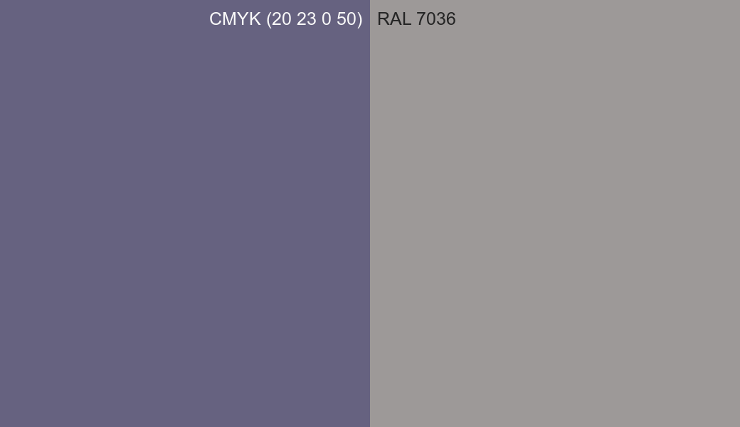 CMYK Color CMYK (20 23 0 50) vs RAL 7036 side by side comparison CMYK Color CMYK (20 23 0 50) vs RAL 7036 side by side comparison