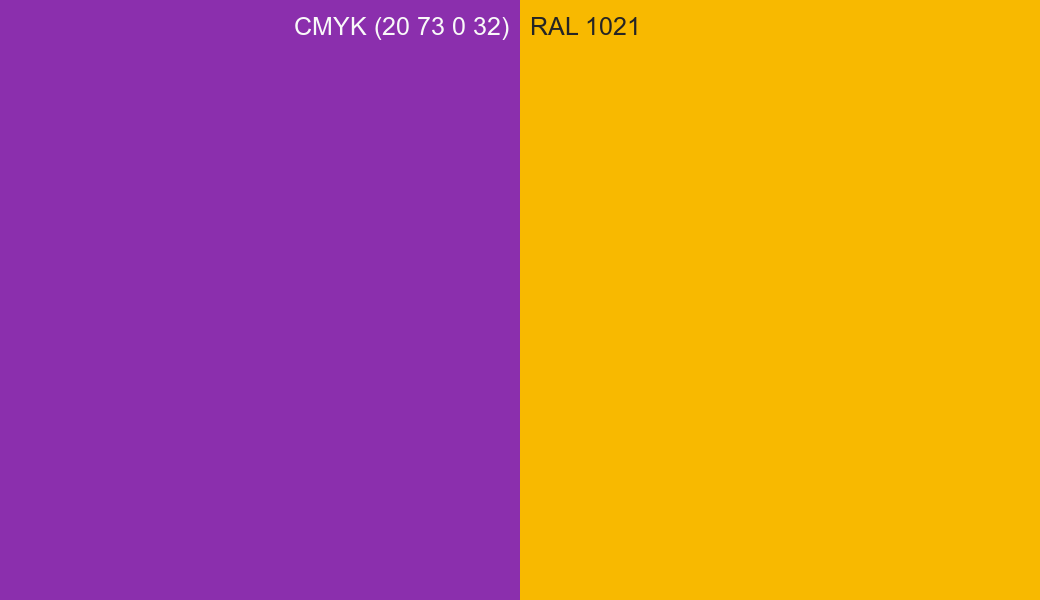 CMYK Color CMYK (20 73 0 32) vs RAL 1021 side by side comparison CMYK Color CMYK (20 73 0 32) vs RAL 1021 side by side comparison