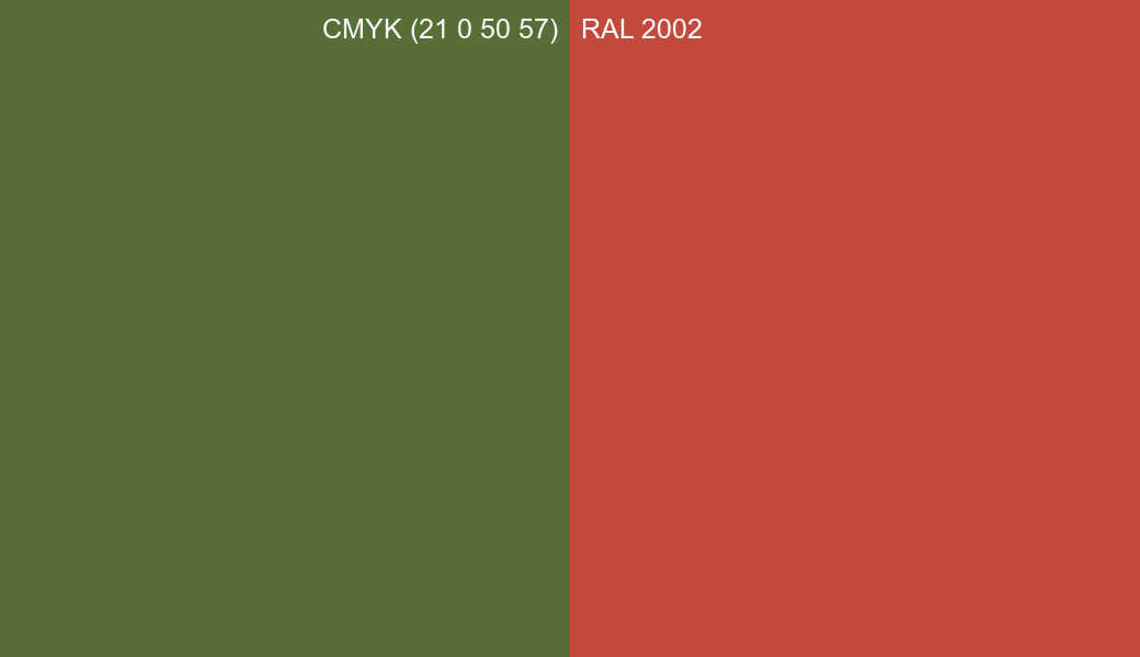 CMYK Color CMYK (21 0 50 57) vs RAL 2002 side by side comparison CMYK Color CMYK (21 0 50 57) vs RAL 2002 side by side comparison