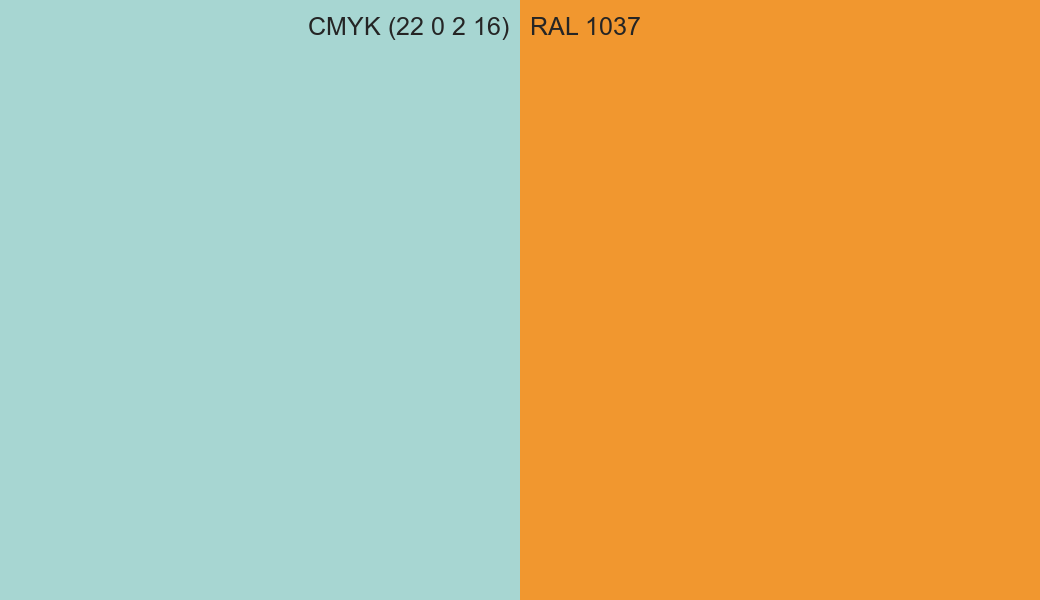CMYK Color CMYK (22 0 2 16) vs RAL 1037 side by side comparison CMYK Color CMYK (22 0 2 16) vs RAL 1037 side by side comparison