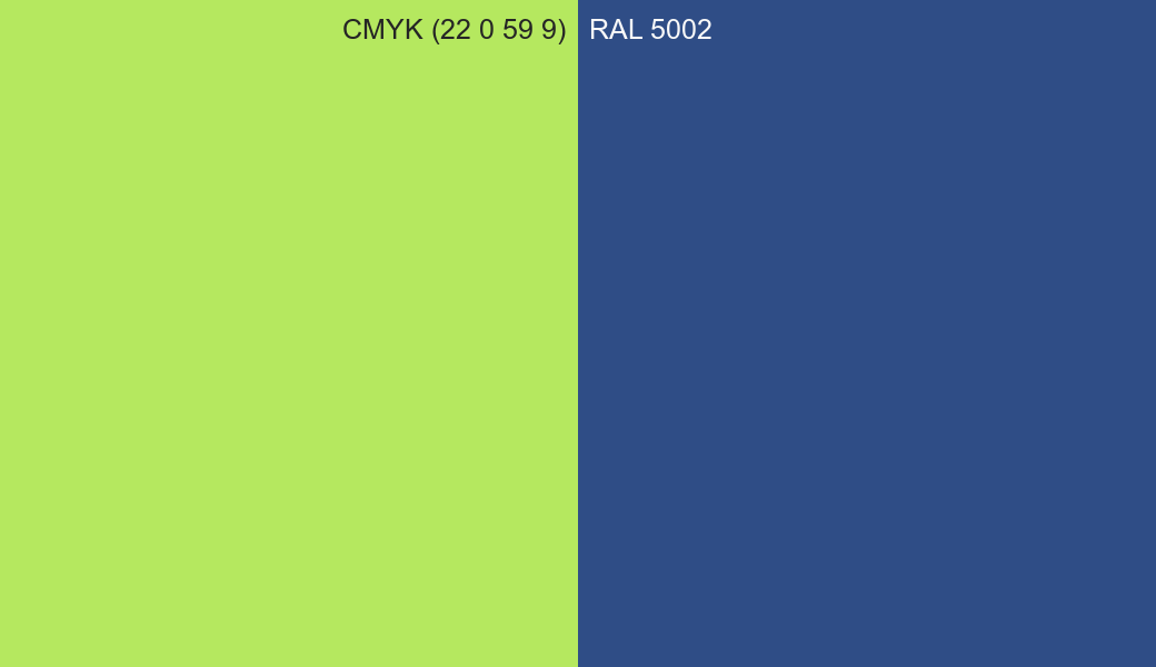CMYK Color CMYK (22 0 59 9) vs RAL 5002 side by side comparison CMYK Color CMYK (22 0 59 9) vs RAL 5002 side by side comparison