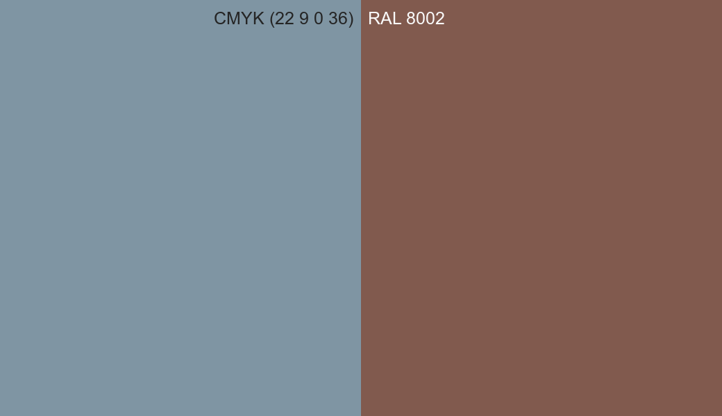 CMYK Color CMYK (22 9 0 36) vs RAL 8002 side by side comparison CMYK Color CMYK (22 9 0 36) vs RAL 8002 side by side comparison