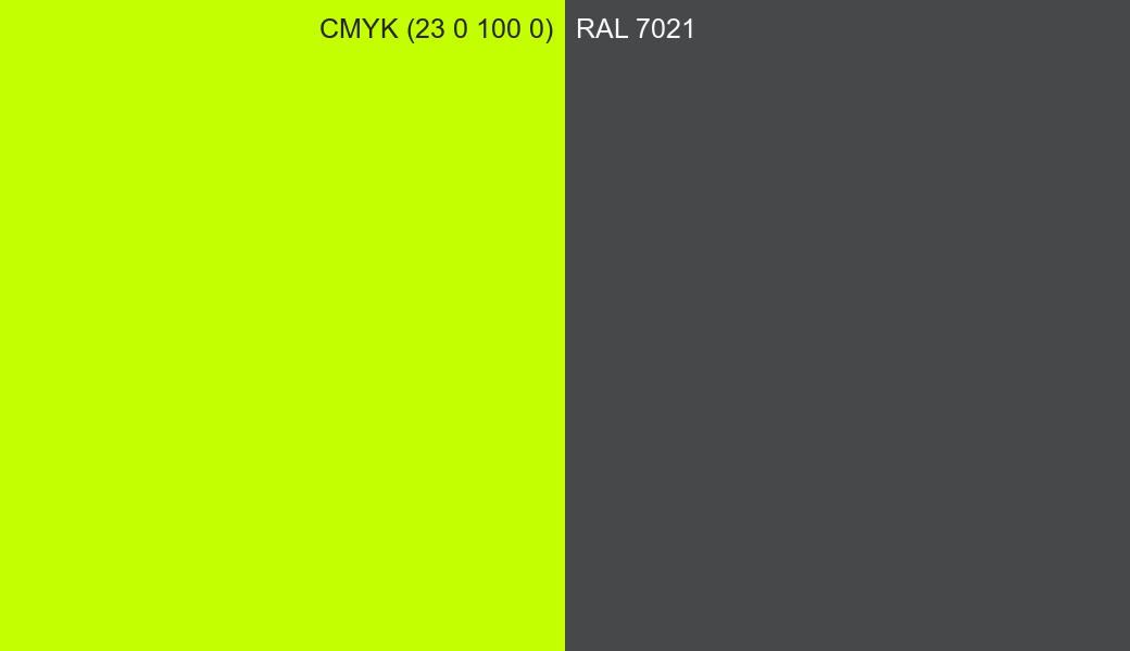 CMYK Color CMYK (23 0 100 0) vs RAL 7021 side by side comparison CMYK Color CMYK (23 0 100 0) vs RAL 7021 side by side comparison