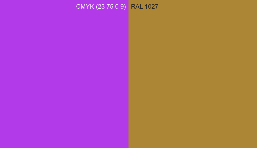 CMYK Color CMYK (23 75 0 9) vs RAL 1027 side by side comparison CMYK Color CMYK (23 75 0 9) vs RAL 1027 side by side comparison