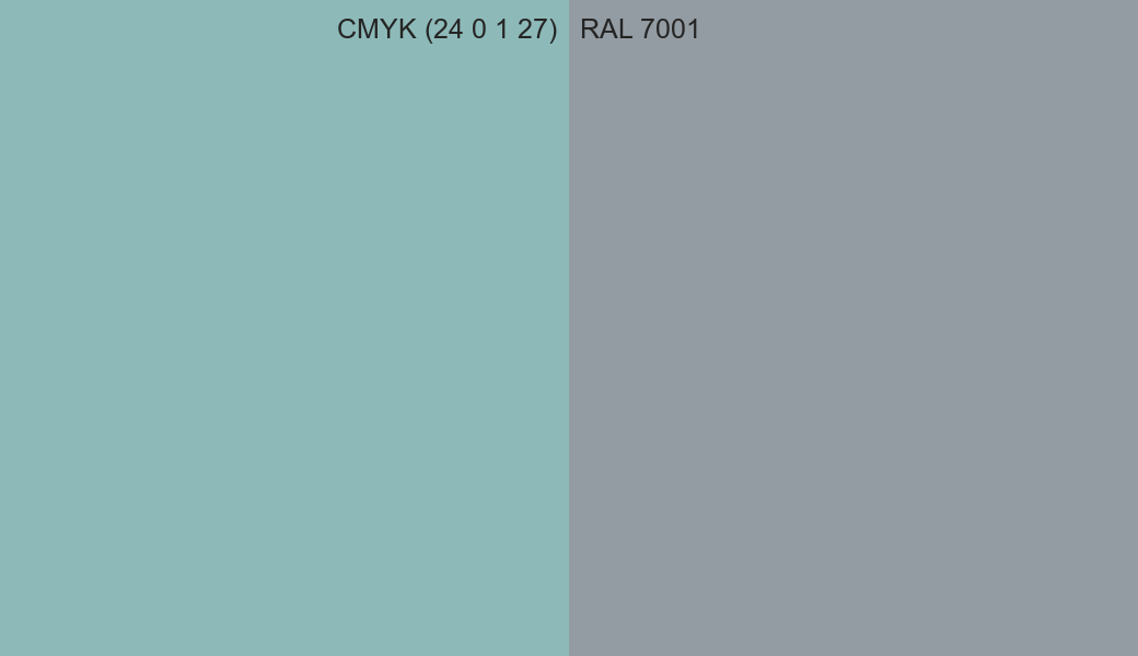 CMYK Color CMYK (24 0 1 27) vs RAL 7001 side by side comparison CMYK Color CMYK (24 0 1 27) vs RAL 7001 side by side comparison
