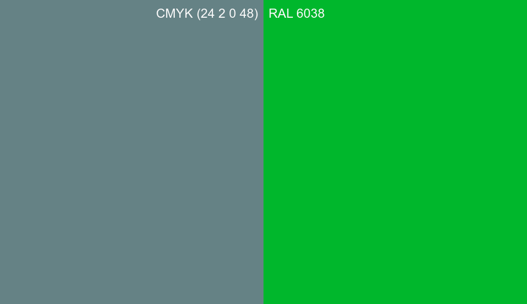 CMYK Color CMYK (24 2 0 48) vs RAL 6038 side by side comparison CMYK Color CMYK (24 2 0 48) vs RAL 6038 side by side comparison