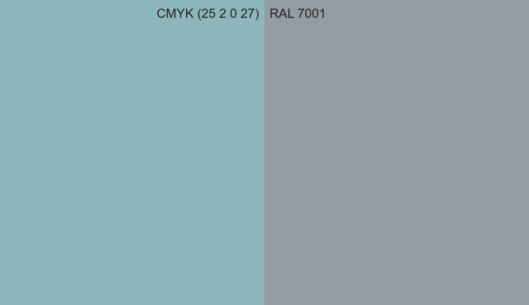 CMYK Color CMYK (25 2 0 27) vs RAL 7001 side by side comparison CMYK Color CMYK (25 2 0 27) vs RAL 7001 side by side comparison