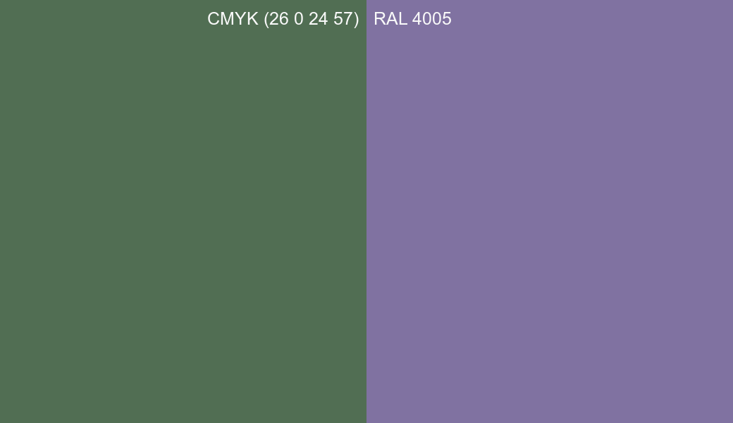 CMYK Color CMYK (26 0 24 57) vs RAL 4005 side by side comparison CMYK Color CMYK (26 0 24 57) vs RAL 4005 side by side comparison
