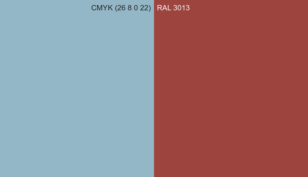 CMYK Color CMYK (26 8 0 22) vs RAL 3013 side by side comparison CMYK Color CMYK (26 8 0 22) vs RAL 3013 side by side comparison