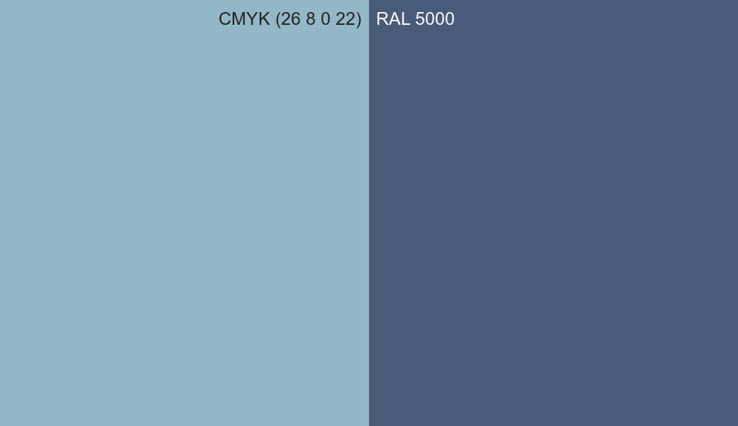 CMYK Color CMYK (26 8 0 22) vs RAL 5000 side by side comparison CMYK Color CMYK (26 8 0 22) vs RAL 5000 side by side comparison