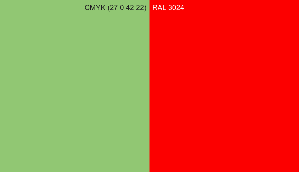 CMYK Color CMYK (27 0 42 22) vs RAL 3024 side by side comparison CMYK Color CMYK (27 0 42 22) vs RAL 3024 side by side comparison