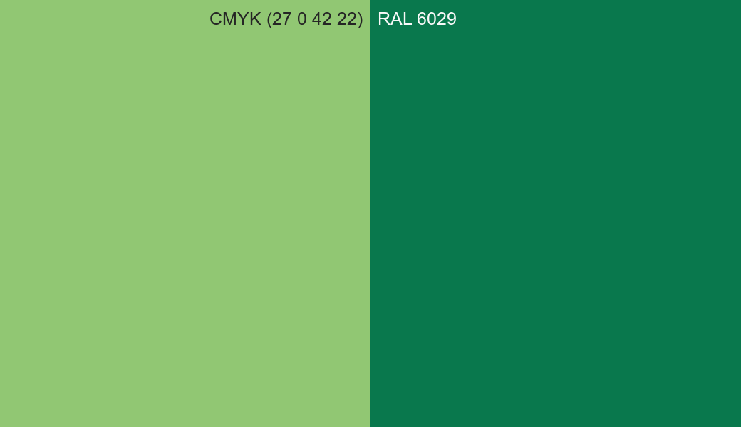 CMYK Color CMYK (27 0 42 22) vs RAL 6029 side by side comparison CMYK Color CMYK (27 0 42 22) vs RAL 6029 side by side comparison