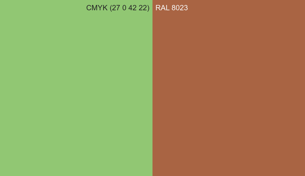 CMYK Color CMYK (27 0 42 22) vs RAL 8023 side by side comparison CMYK Color CMYK (27 0 42 22) vs RAL 8023 side by side comparison