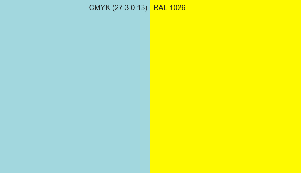 CMYK Color CMYK (27 3 0 13) vs RAL 1026 side by side comparison CMYK Color CMYK (27 3 0 13) vs RAL 1026 side by side comparison