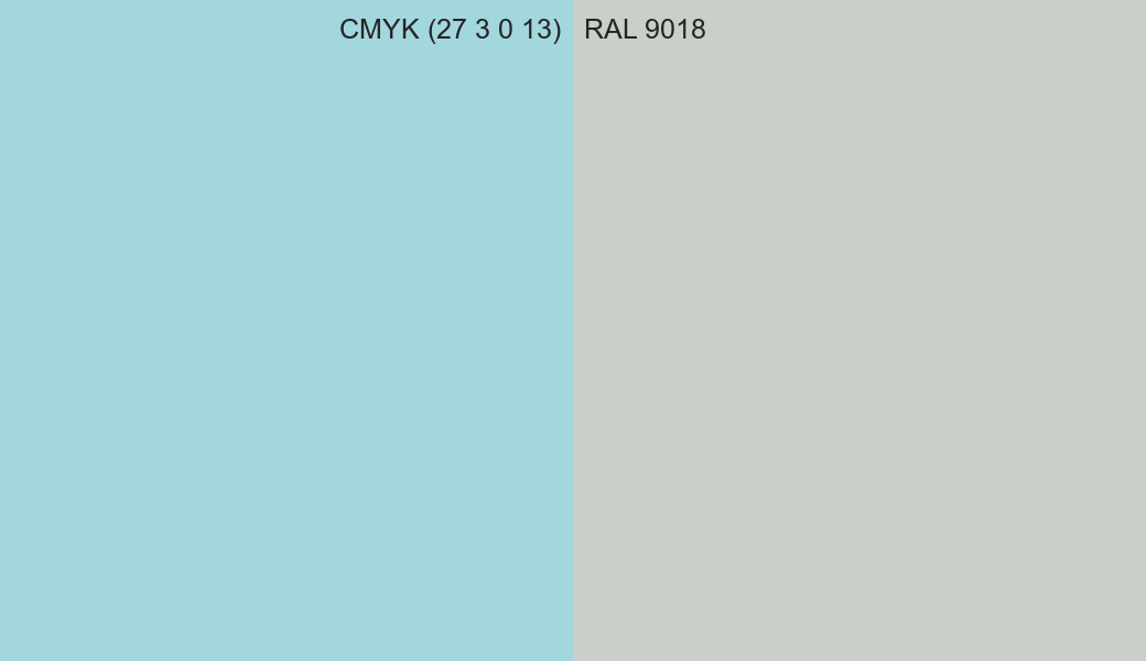 CMYK Color CMYK (27 3 0 13) vs RAL 9018 side by side comparison CMYK Color CMYK (27 3 0 13) vs RAL 9018 side by side comparison