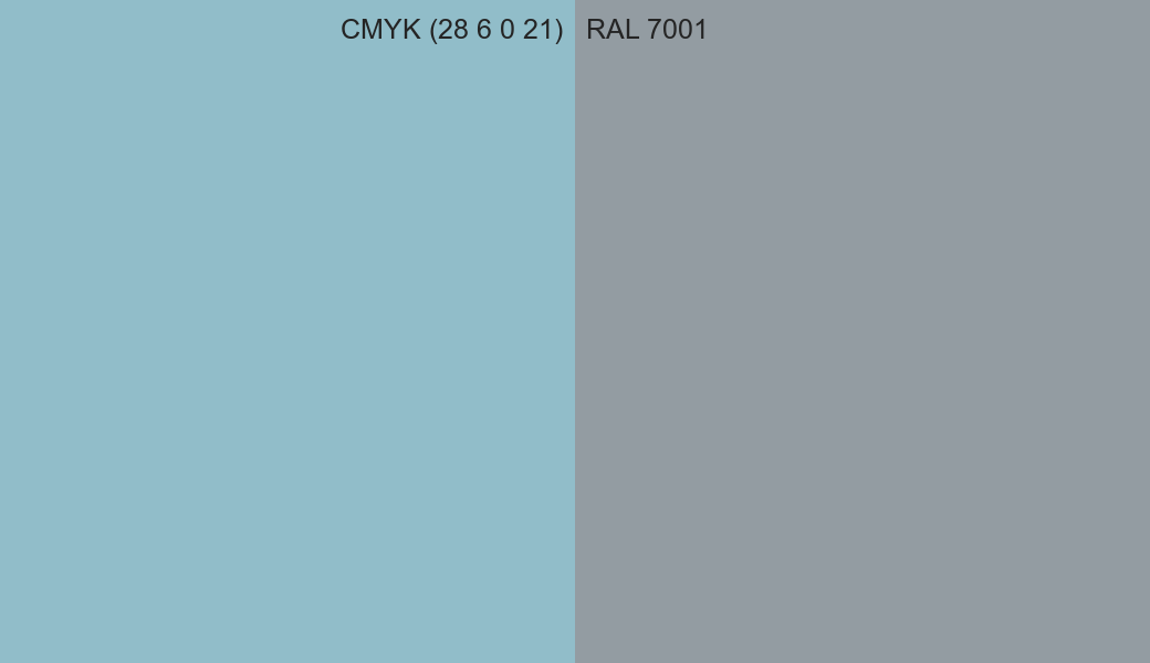 CMYK Color CMYK (28 6 0 21) vs RAL 7001 side by side comparison CMYK Color CMYK (28 6 0 21) vs RAL 7001 side by side comparison
