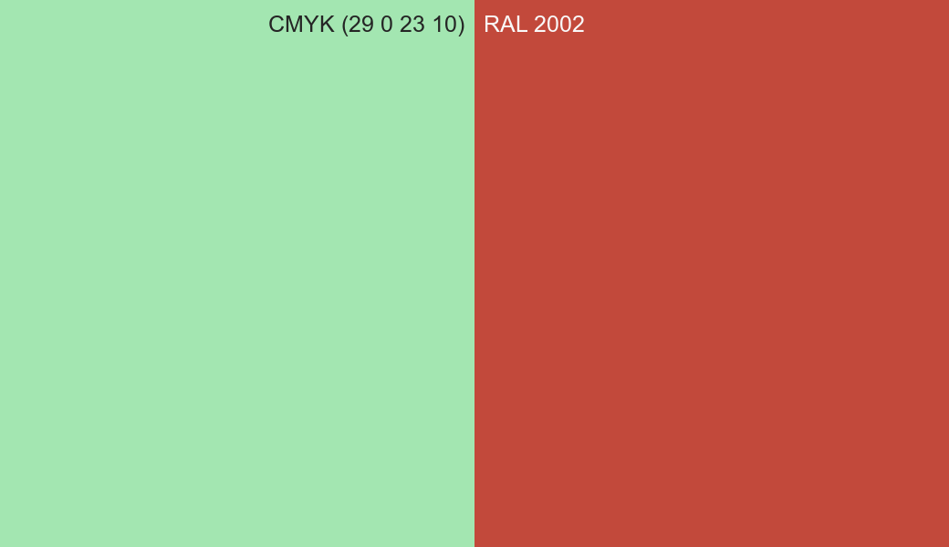 CMYK Color CMYK (29 0 23 10) vs RAL 2002 side by side comparison CMYK Color CMYK (29 0 23 10) vs RAL 2002 side by side comparison