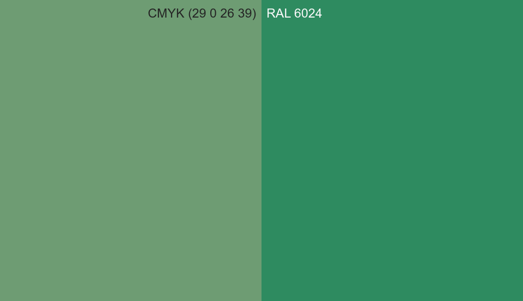 CMYK Color CMYK (29 0 26 39) vs RAL 6024 side by side comparison CMYK Color CMYK (29 0 26 39) vs RAL 6024 side by side comparison