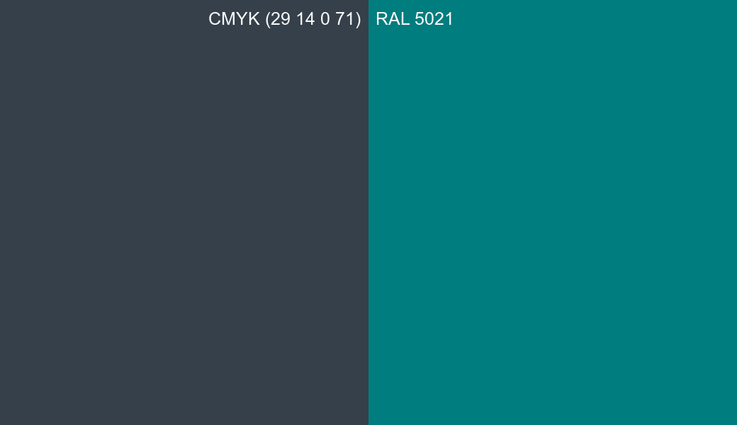 CMYK Color CMYK (29 14 0 71) vs RAL 5021 side by side comparison CMYK Color CMYK (29 14 0 71) vs RAL 5021 side by side comparison