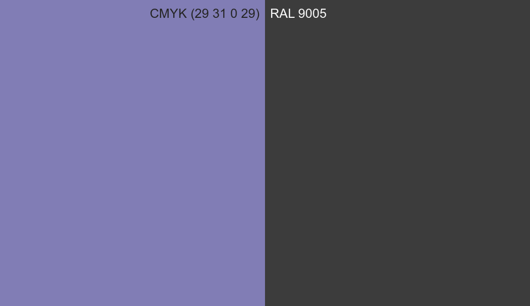 CMYK Color CMYK (29 31 0 29) vs RAL 9005 side by side comparison CMYK Color CMYK (29 31 0 29) vs RAL 9005 side by side comparison