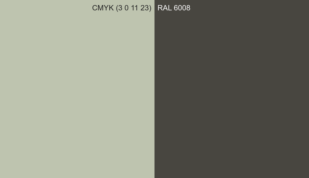 CMYK Color CMYK (3 0 11 23) vs RAL 6008 side by side comparison CMYK Color CMYK (3 0 11 23) vs RAL 6008 side by side comparison