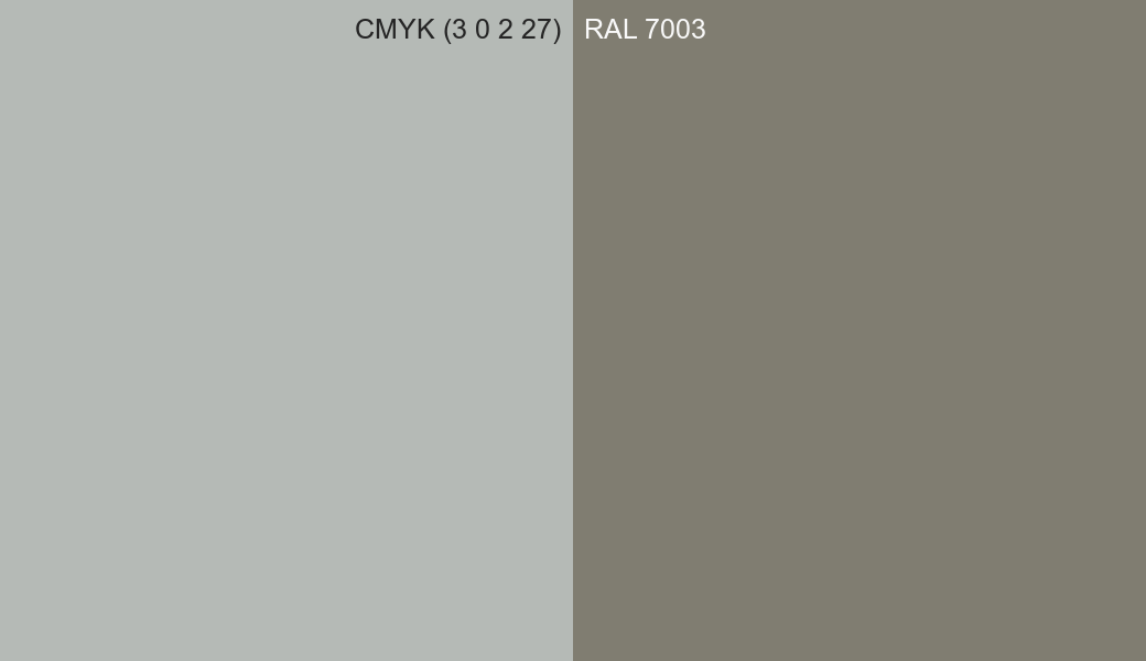CMYK Color CMYK (3 0 2 27) vs RAL 7003 side by side comparison CMYK Color CMYK (3 0 2 27) vs RAL 7003 side by side comparison