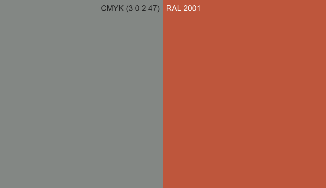 CMYK Color CMYK (3 0 2 47) vs RAL 2001 side by side comparison CMYK Color CMYK (3 0 2 47) vs RAL 2001 side by side comparison