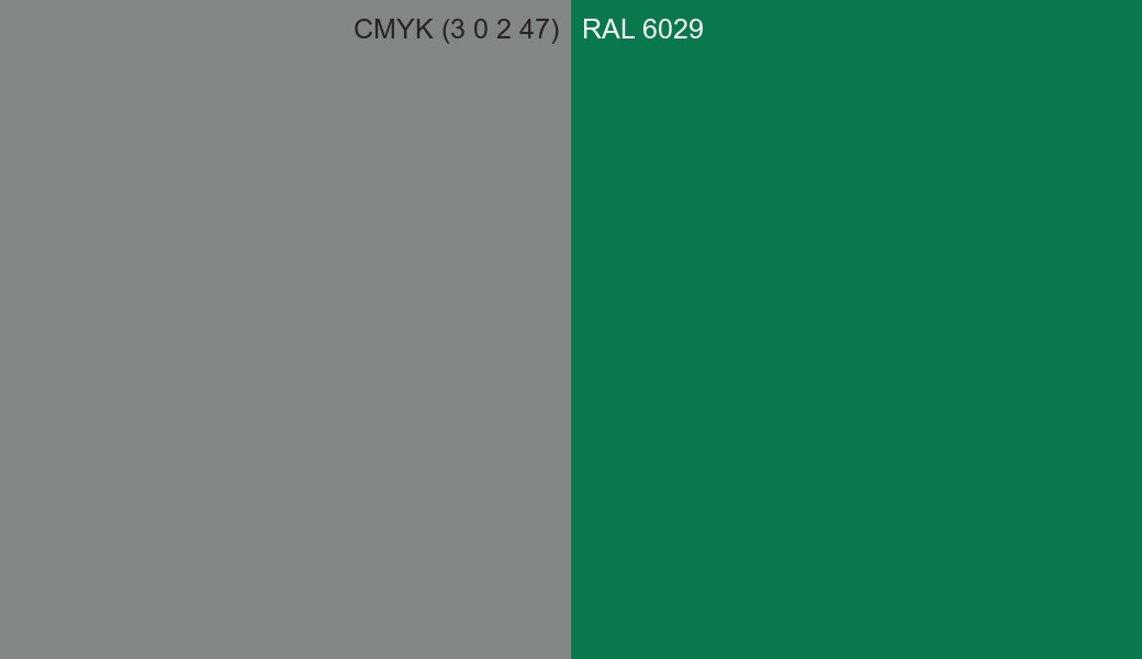 CMYK Color CMYK (3 0 2 47) vs RAL 6029 side by side comparison CMYK Color CMYK (3 0 2 47) vs RAL 6029 side by side comparison