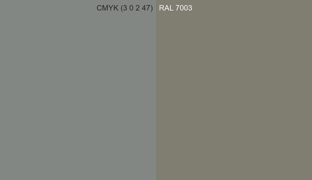 CMYK Color CMYK (3 0 2 47) vs RAL 7003 side by side comparison CMYK Color CMYK (3 0 2 47) vs RAL 7003 side by side comparison