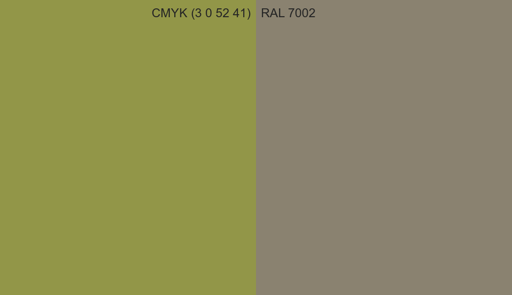 CMYK Color CMYK (3 0 52 41) vs RAL 7002 side by side comparison CMYK Color CMYK (3 0 52 41) vs RAL 7002 side by side comparison