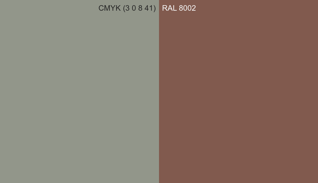 CMYK Color CMYK (3 0 8 41) vs RAL 8002 side by side comparison CMYK Color CMYK (3 0 8 41) vs RAL 8002 side by side comparison