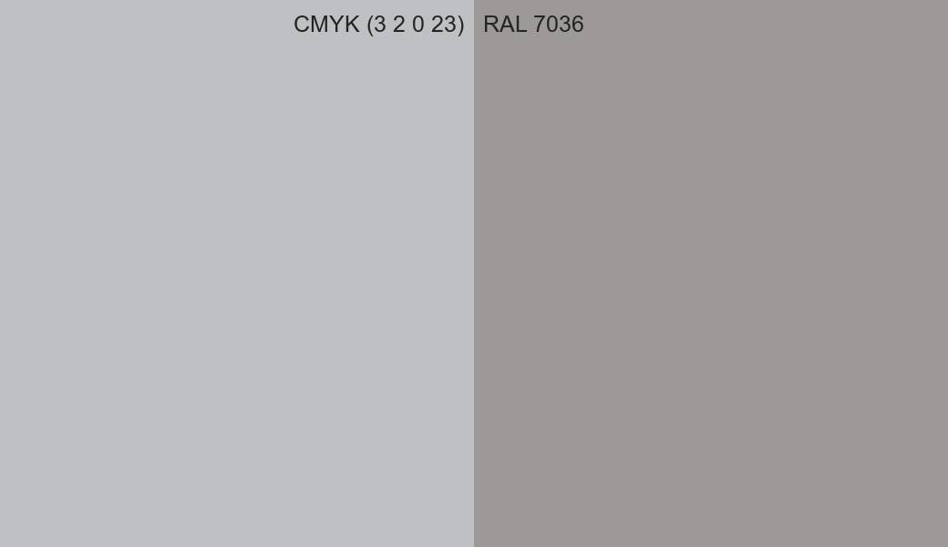 CMYK Color CMYK (3 2 0 23) vs RAL 7036 side by side comparison CMYK Color CMYK (3 2 0 23) vs RAL 7036 side by side comparison
