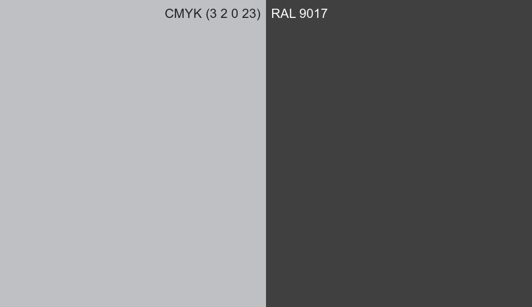 CMYK Color CMYK (3 2 0 23) vs RAL 9017 side by side comparison CMYK Color CMYK (3 2 0 23) vs RAL 9017 side by side comparison