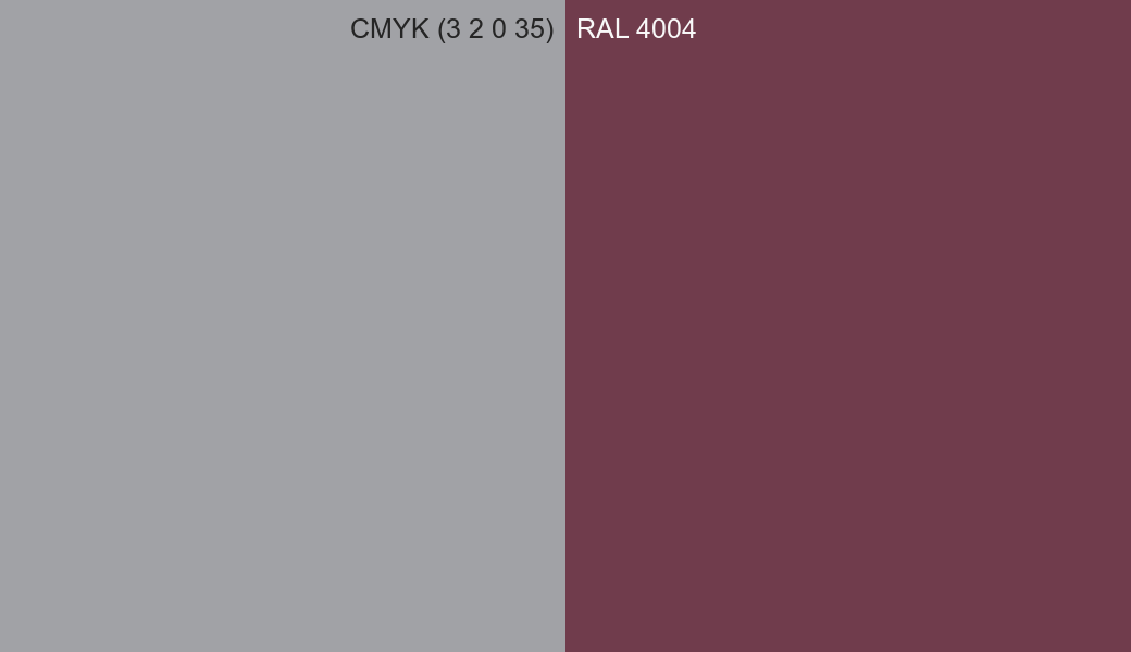 CMYK Color CMYK (3 2 0 35) vs RAL 4004 side by side comparison CMYK Color CMYK (3 2 0 35) vs RAL 4004 side by side comparison