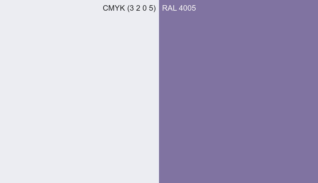 CMYK Color CMYK (3 2 0 5) vs RAL 4005 side by side comparison CMYK Color CMYK (3 2 0 5) vs RAL 4005 side by side comparison