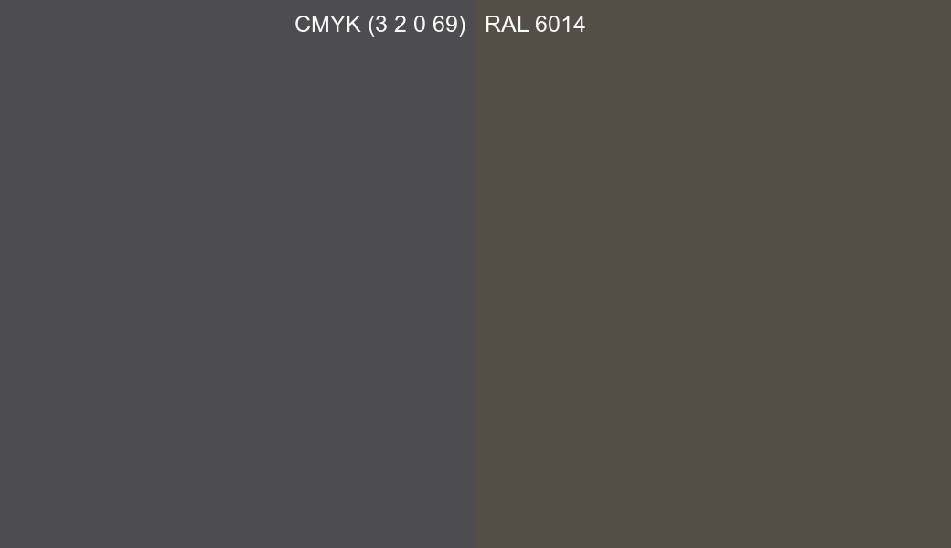 CMYK Color CMYK (3 2 0 69) vs RAL 6014 side by side comparison CMYK Color CMYK (3 2 0 69) vs RAL 6014 side by side comparison