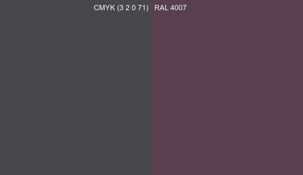 CMYK Color CMYK (3 2 0 71) vs RAL 4007 side by side comparison CMYK Color CMYK (3 2 0 71) vs RAL 4007 side by side comparison